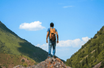 Hiker looking out over mountains