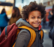 Happy child wearing a backpack from a church school supply donation drive