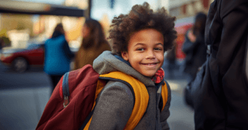 Happy child wearing a backpack from a church school supply donation drive