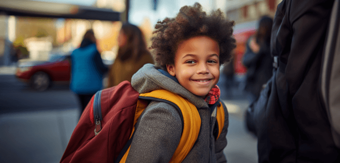 Happy child wearing a backpack from a church school supply donation drive