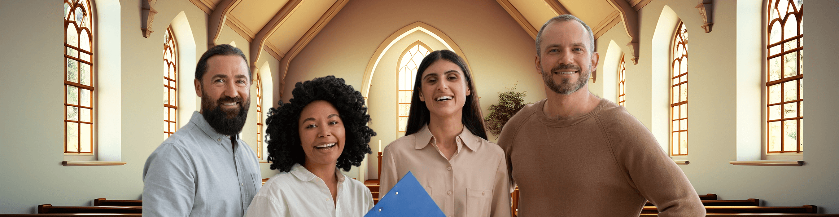 Smiling group of church staff standing in the sanctuary