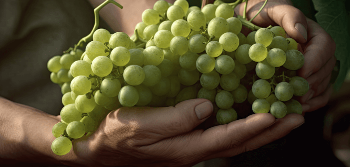 Hands holding a bountiful harvest of grapes